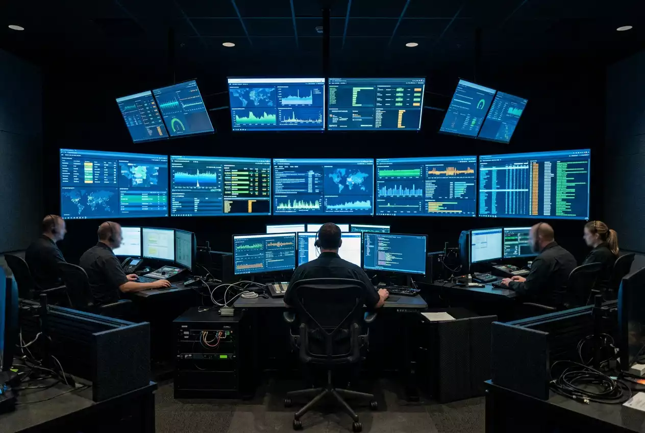 Control room with multiple screens monitoring live MMA betting data feeds