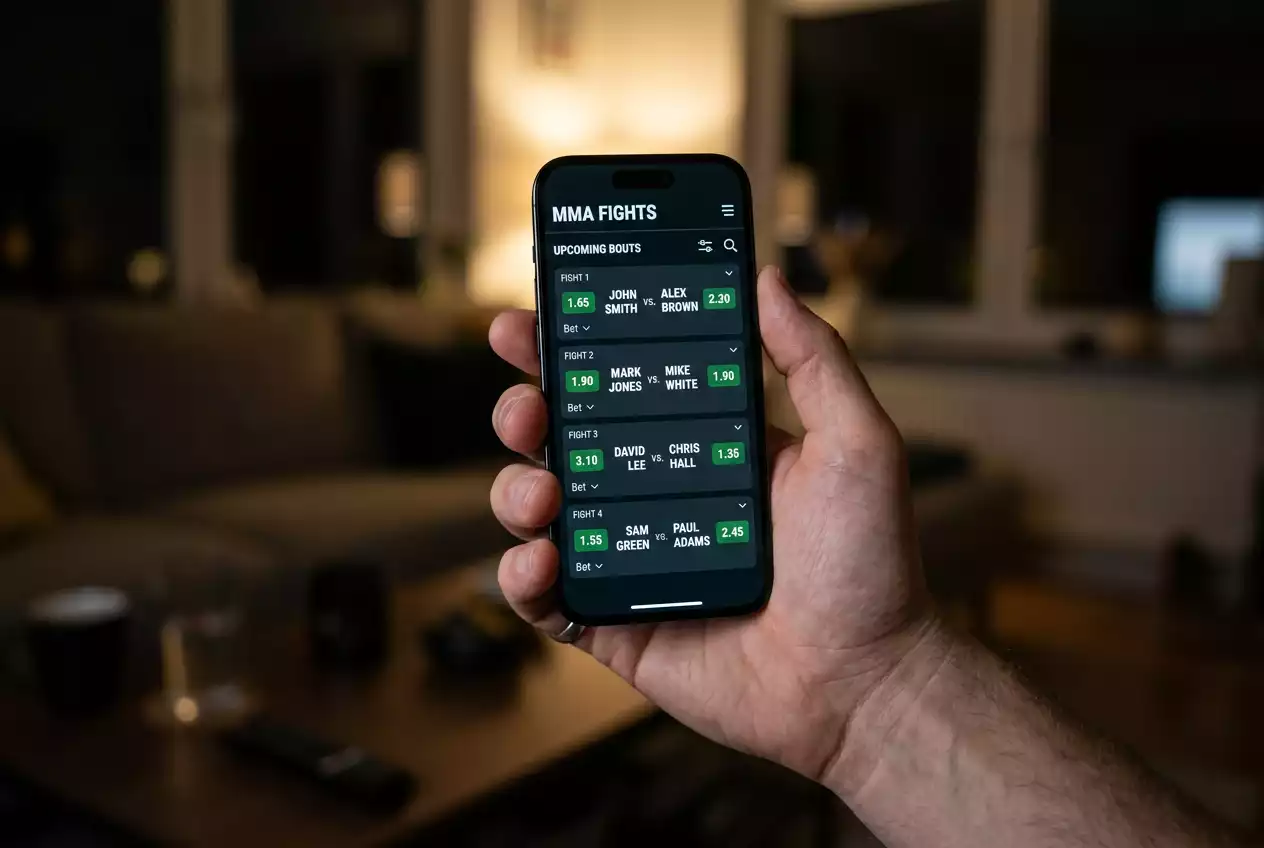 Smartphone held in hand displaying MMA betting odds on a mobile app screen