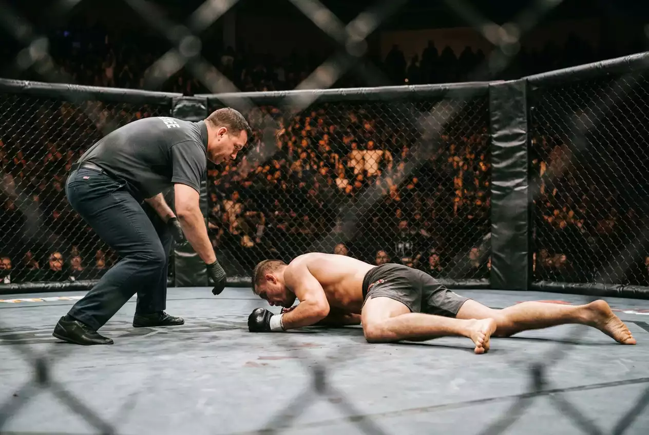 MMA fighter recovering on the canvas after an unexpected knockdown in the octagon