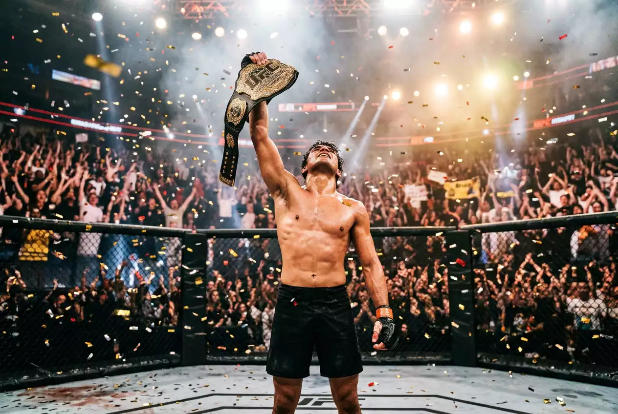 MMA champion raising the title belt overhead inside the octagon after a victory