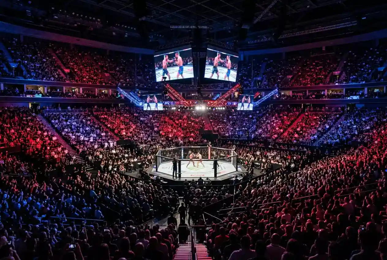 Large arena filled with spectators watching a mixed martial arts event under bright overhead lights