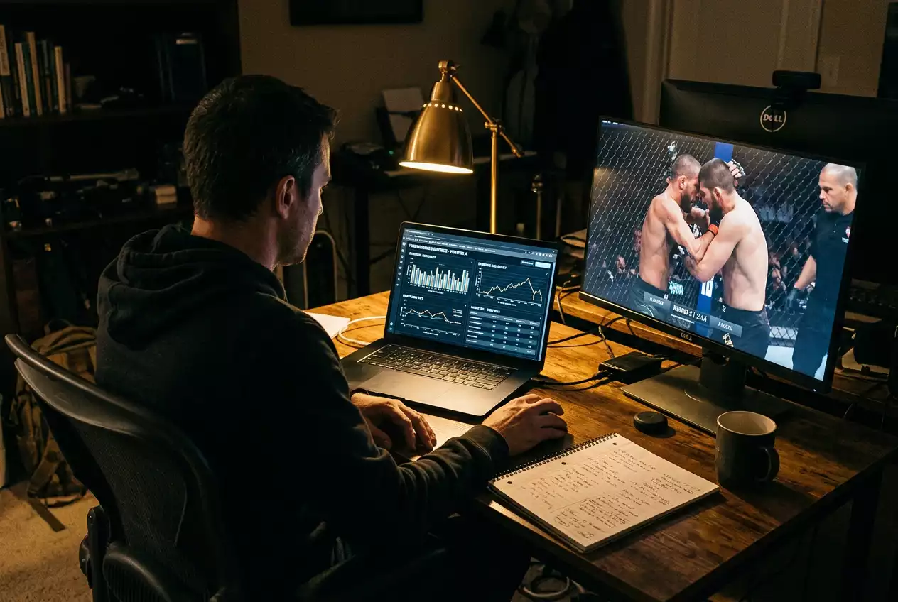 Analyst reviewing MMA fighter performance data on a laptop screen with fight footage on a second monitor